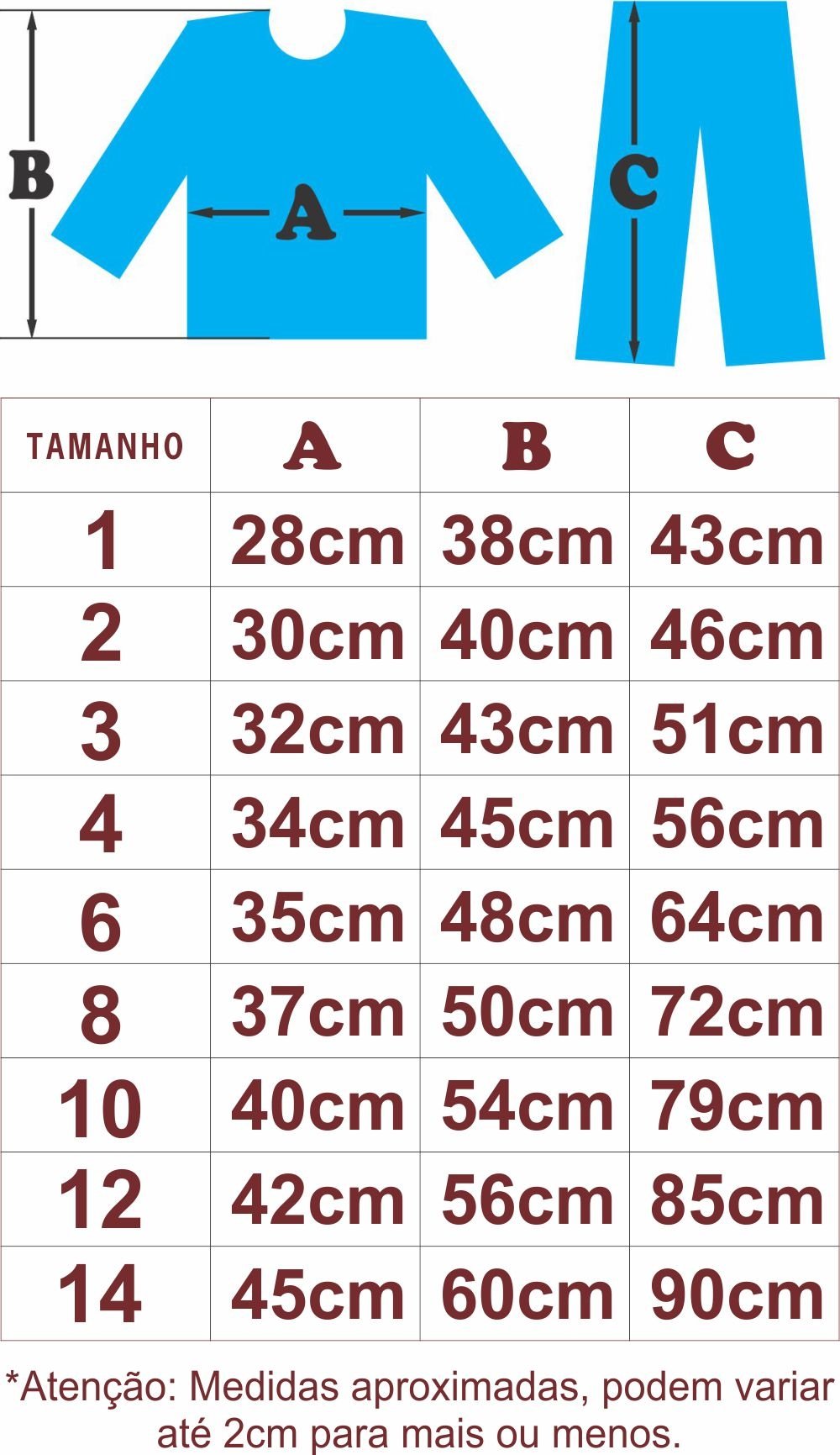 Medidas Pijamas Bicho Preguiça INfantil